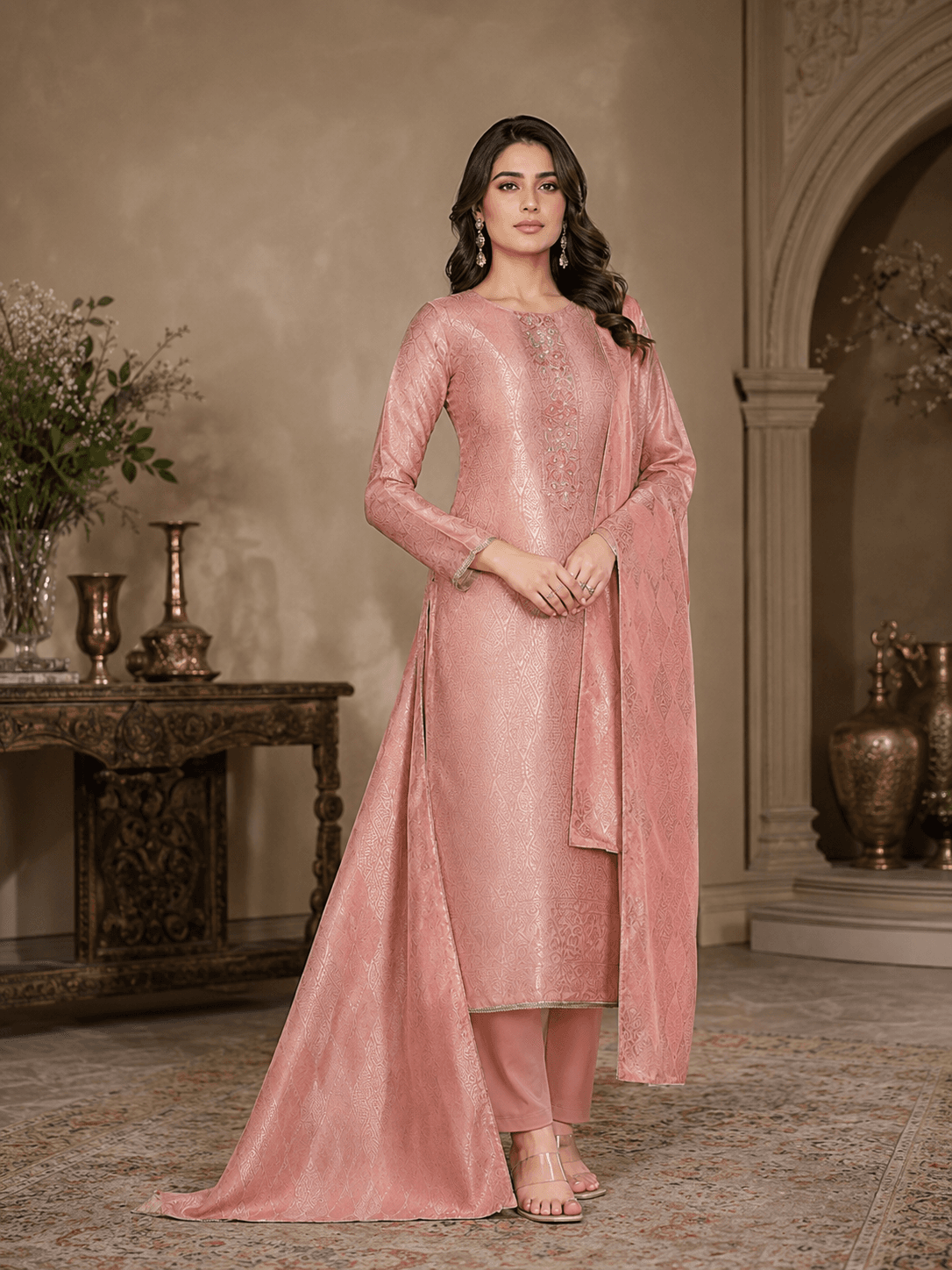Dusty Rose Silk Katan Unstitched Three Piece