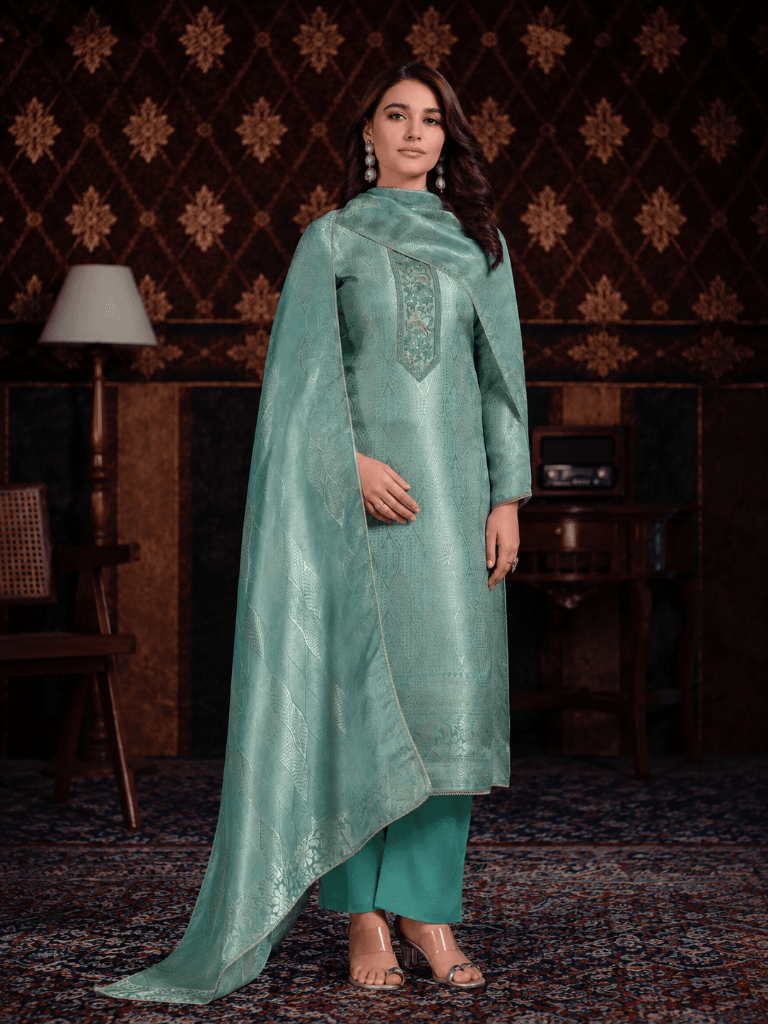 Soft Sage Green Silk Katan Unstitched Three Piece