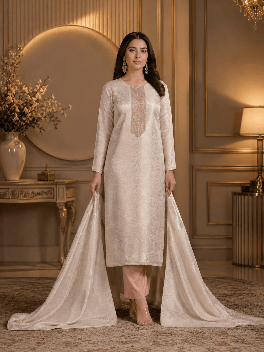 Pearl Champagne Silk Katan Unstitched Three Piece