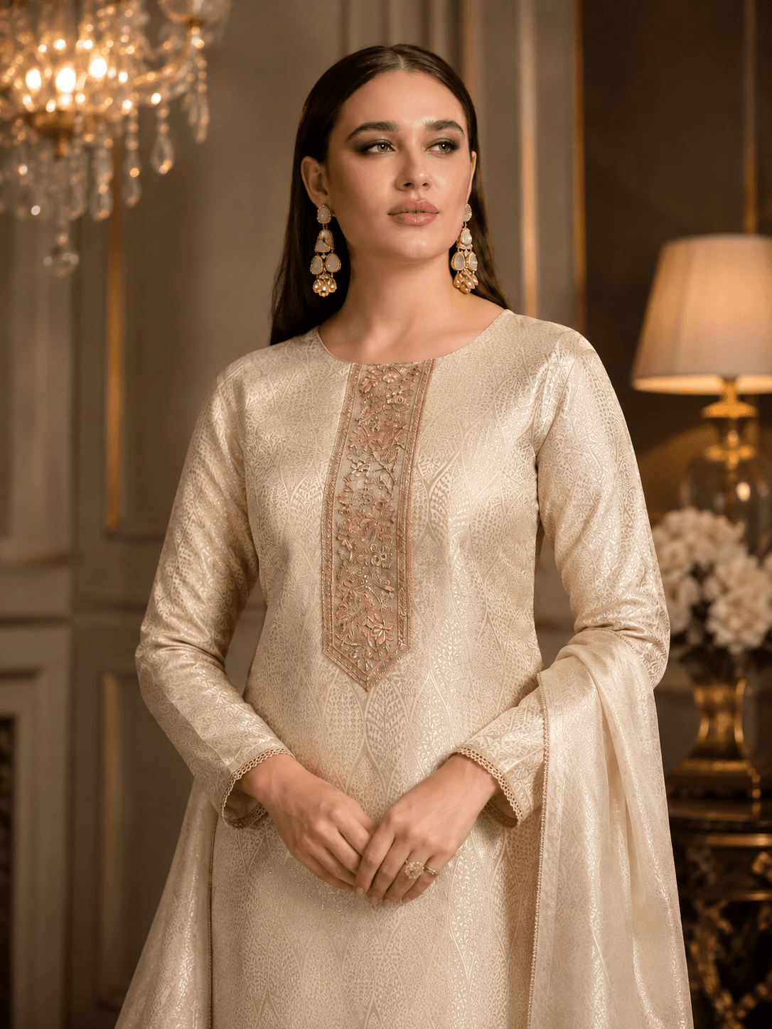 Pearl Champagne Silk Katan Unstitched Three Piece