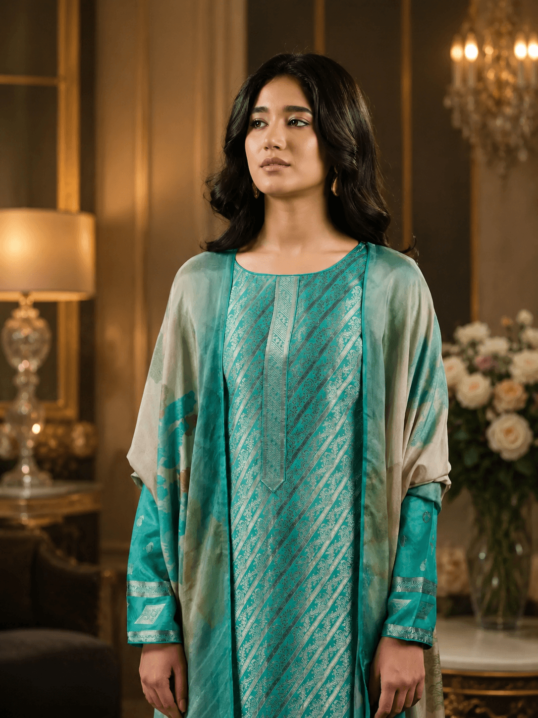 Peacock Teal Viscose Silk Katan Unstitched Three Piece