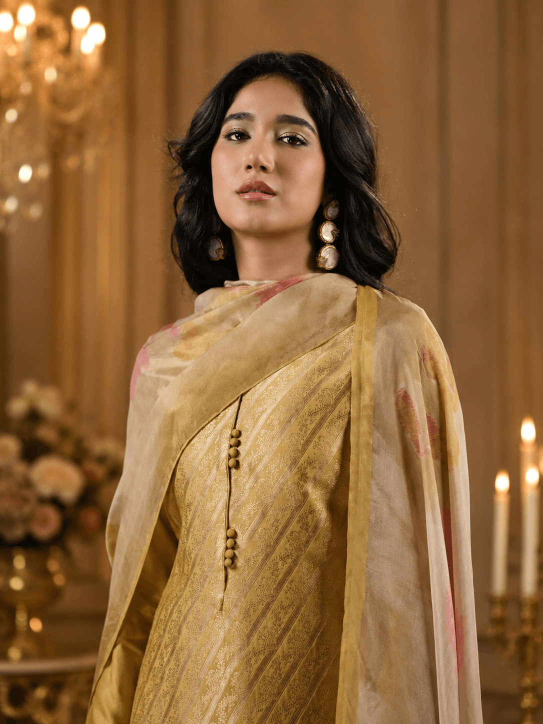 Antique Gold Viscose Silk Katan Unstitched Three Piece