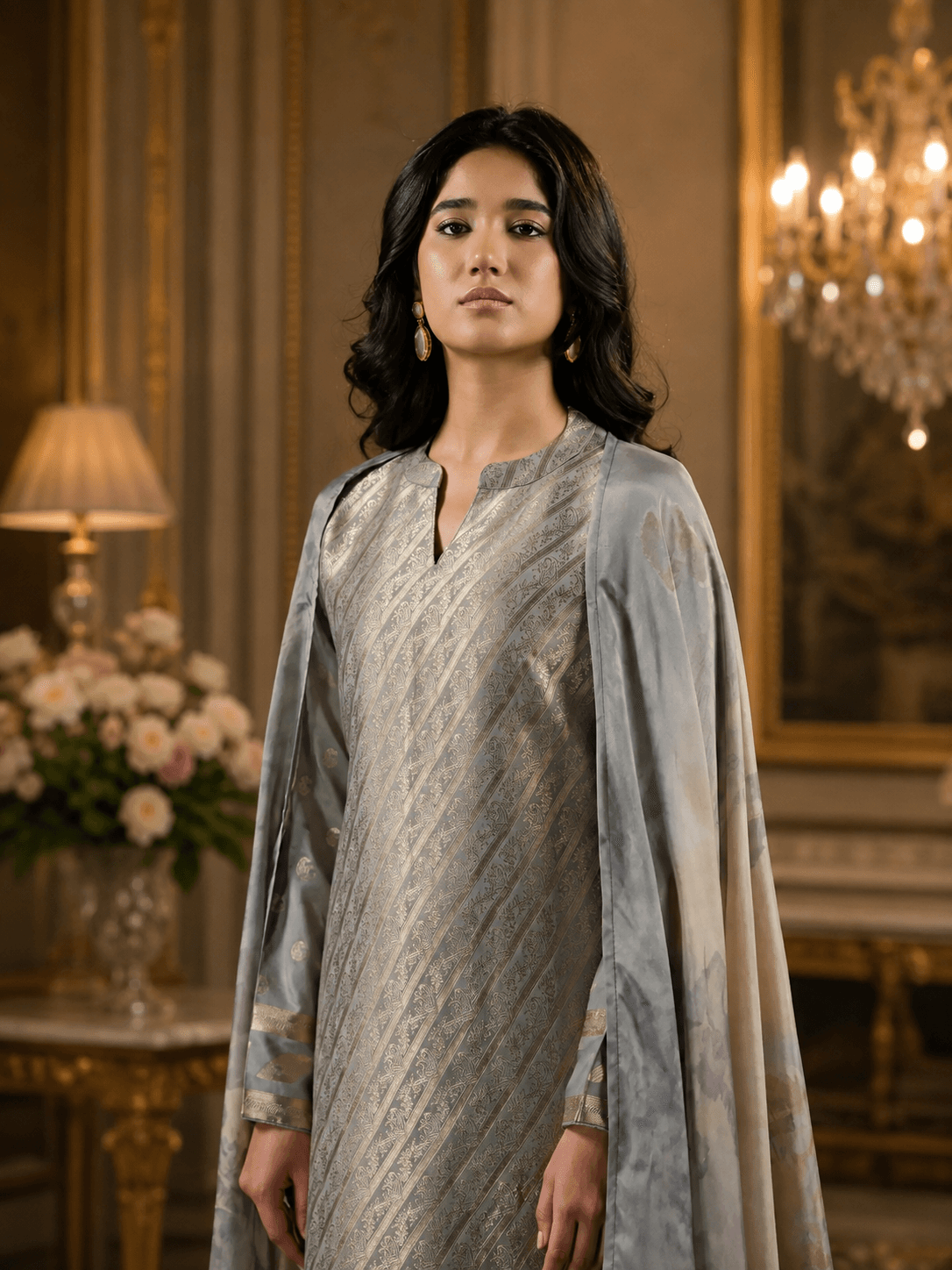 Silver Grey Viscose Silk Katan Unstitched Three Piece