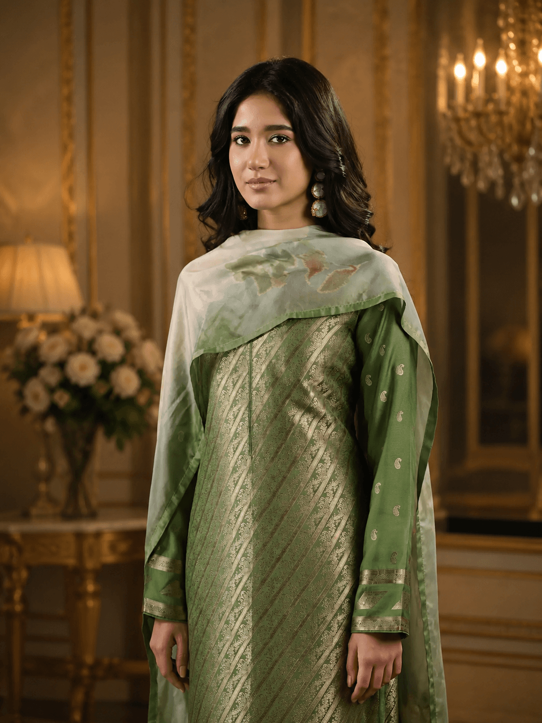 Sage Green Viscose Silk Katan Unstitched Three Piece