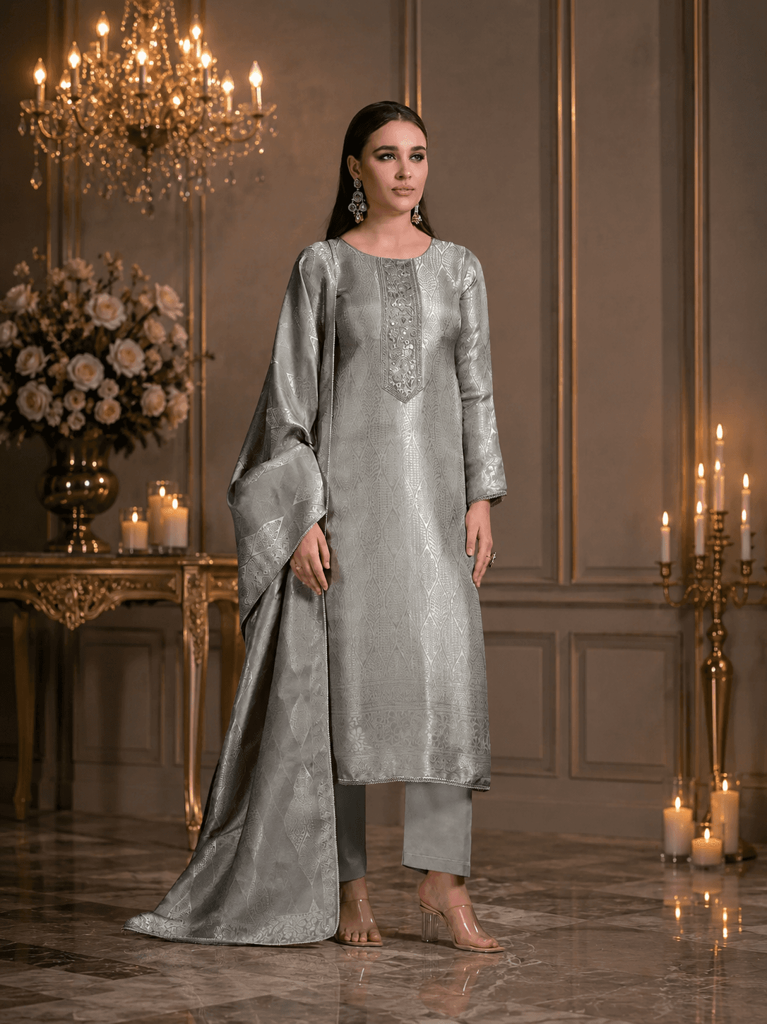 Pearl Silver Silk Katan Unstitched Three Piece