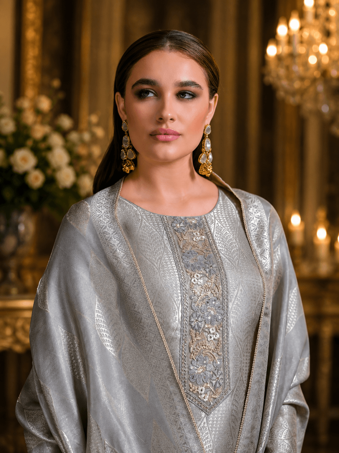 Pearl Silver Silk Katan Unstitched Three Piece