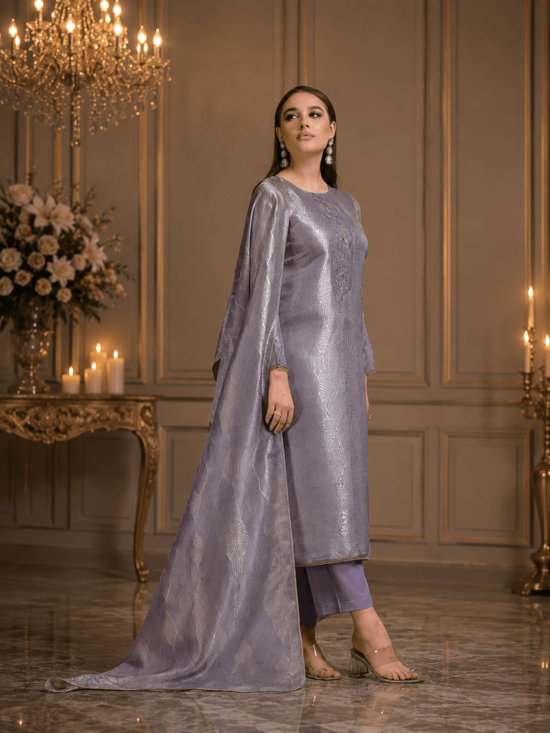 Lavender Silver Silk Katan Unstitched Three Piece