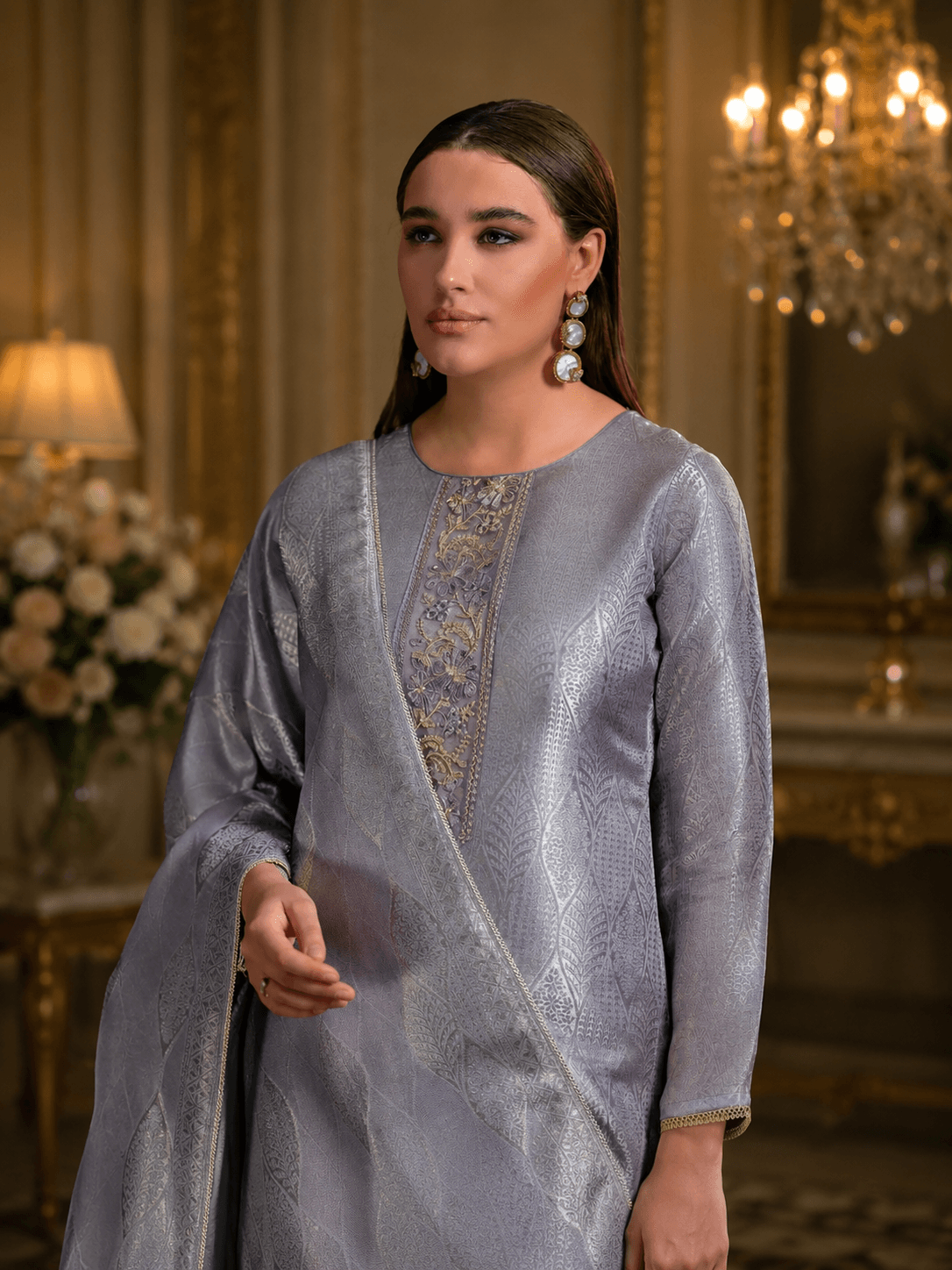 Lavender Silver Silk Katan Unstitched Three Piece