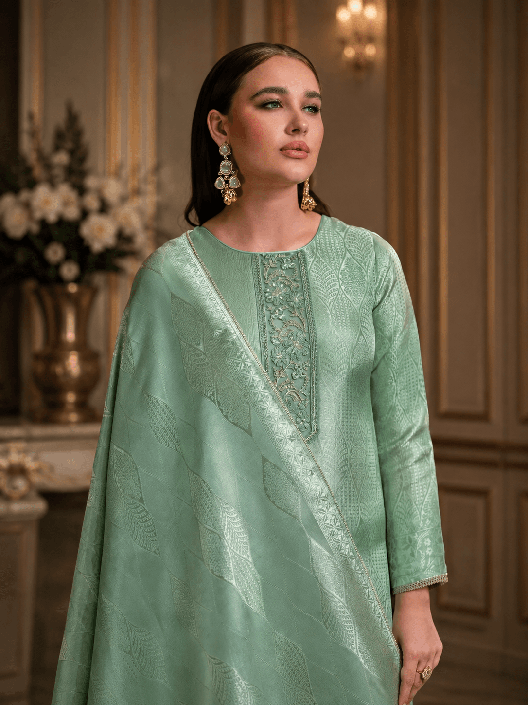 Pastel Sage Green Silk Katan Unstitched Three Piece