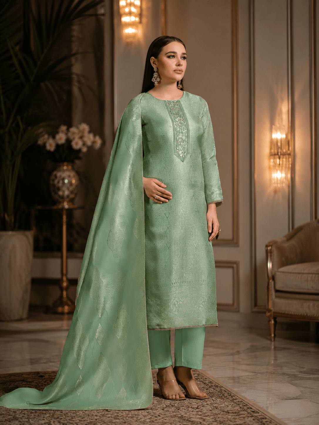 Pastel Sage Green Silk Katan Unstitched Three Piece