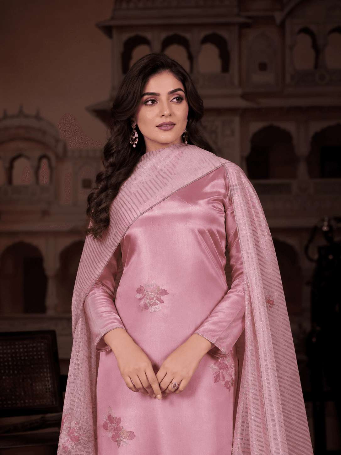 Muted Blush Pink Luminous Shimmer Silk Unstitched Three Piece