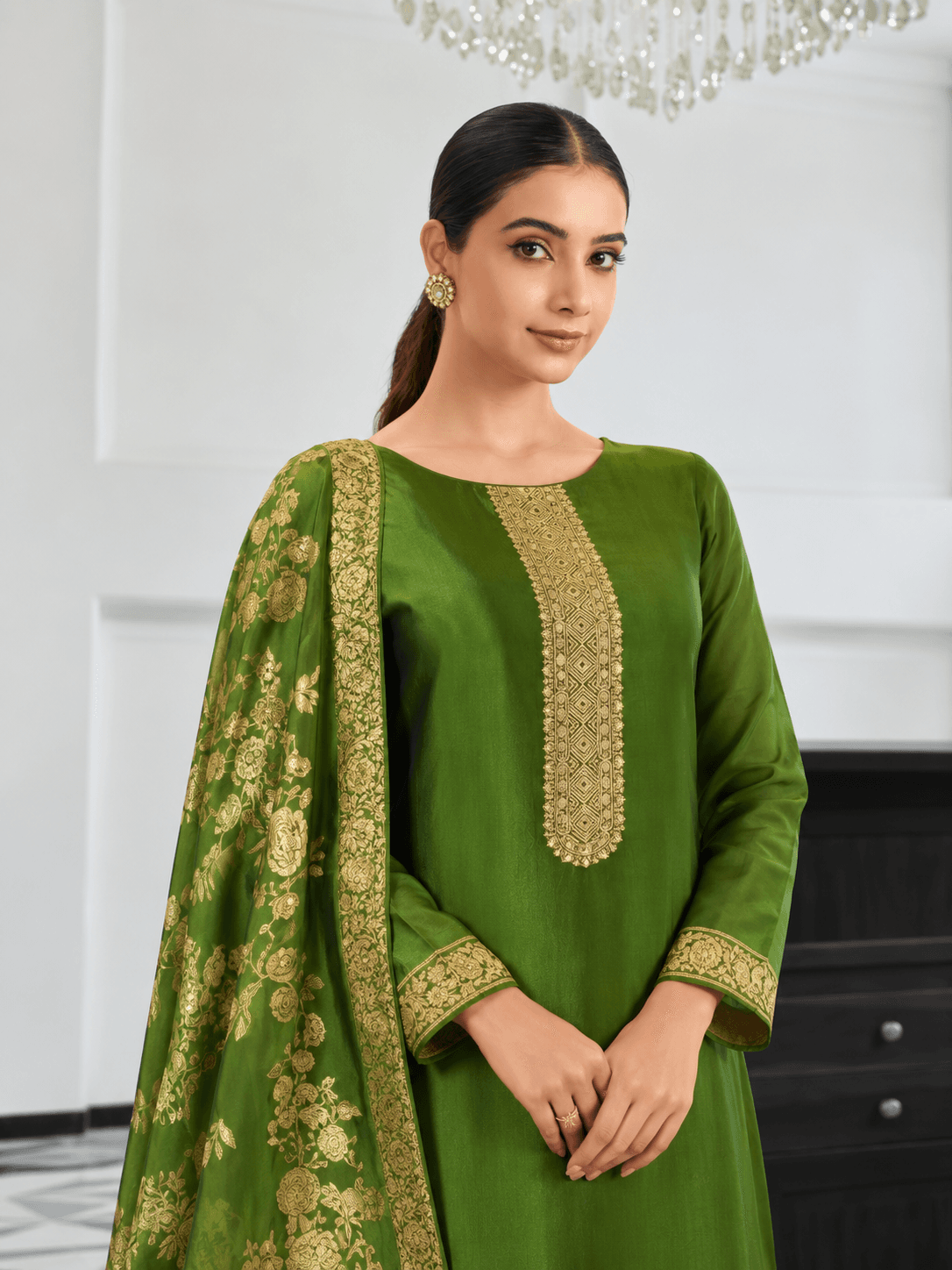 Deep Olive Green Silk Katan Unstitched Three Piece
