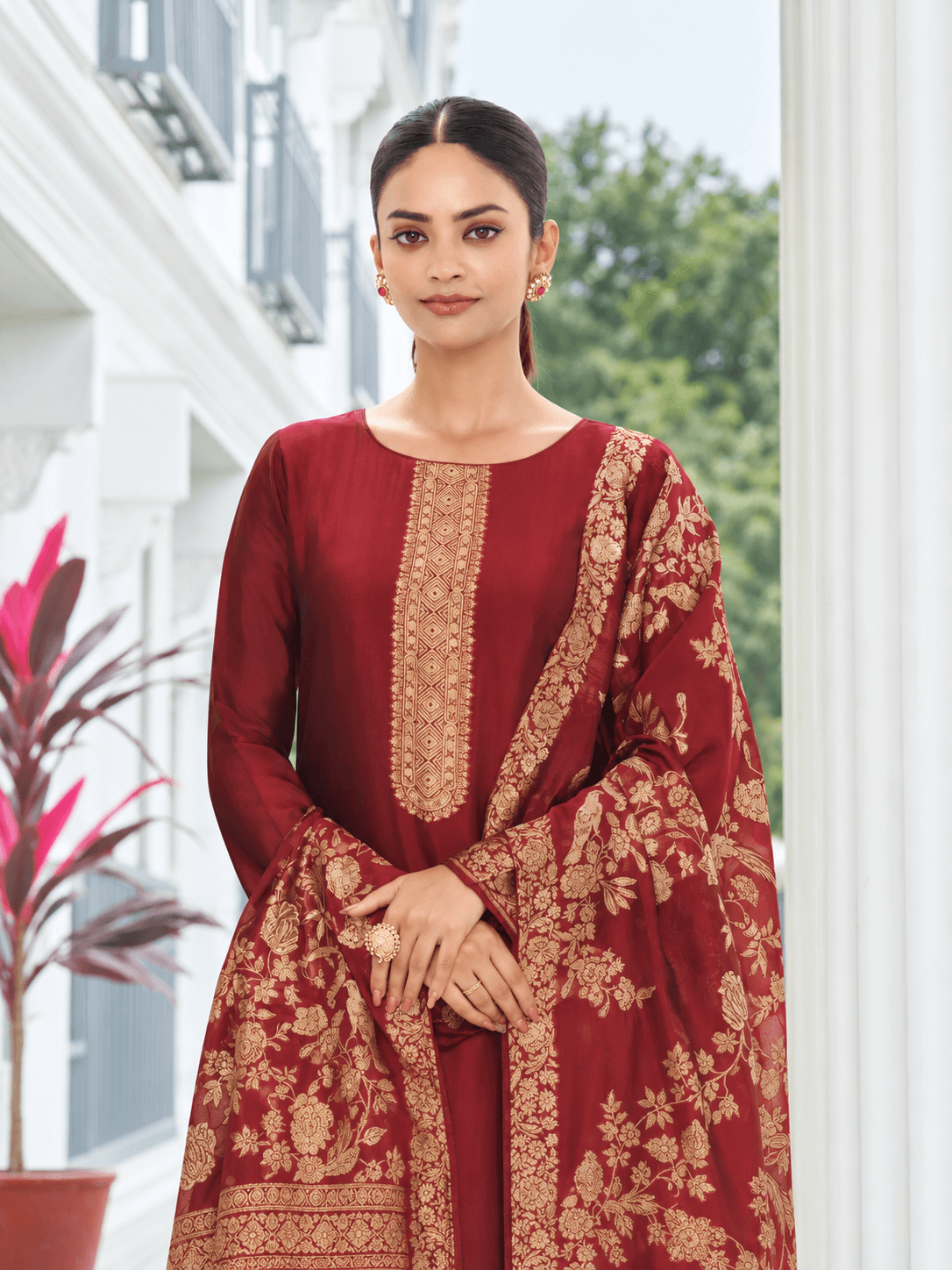 Burgundy Silk Katan Unstitched Three Piece