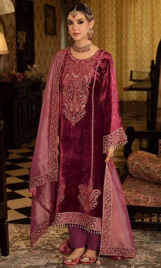 Maroon Royal Velvet Unstitched Three Piece