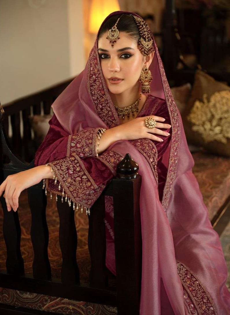 Maroon Royal Velvet Unstitched Three Piece