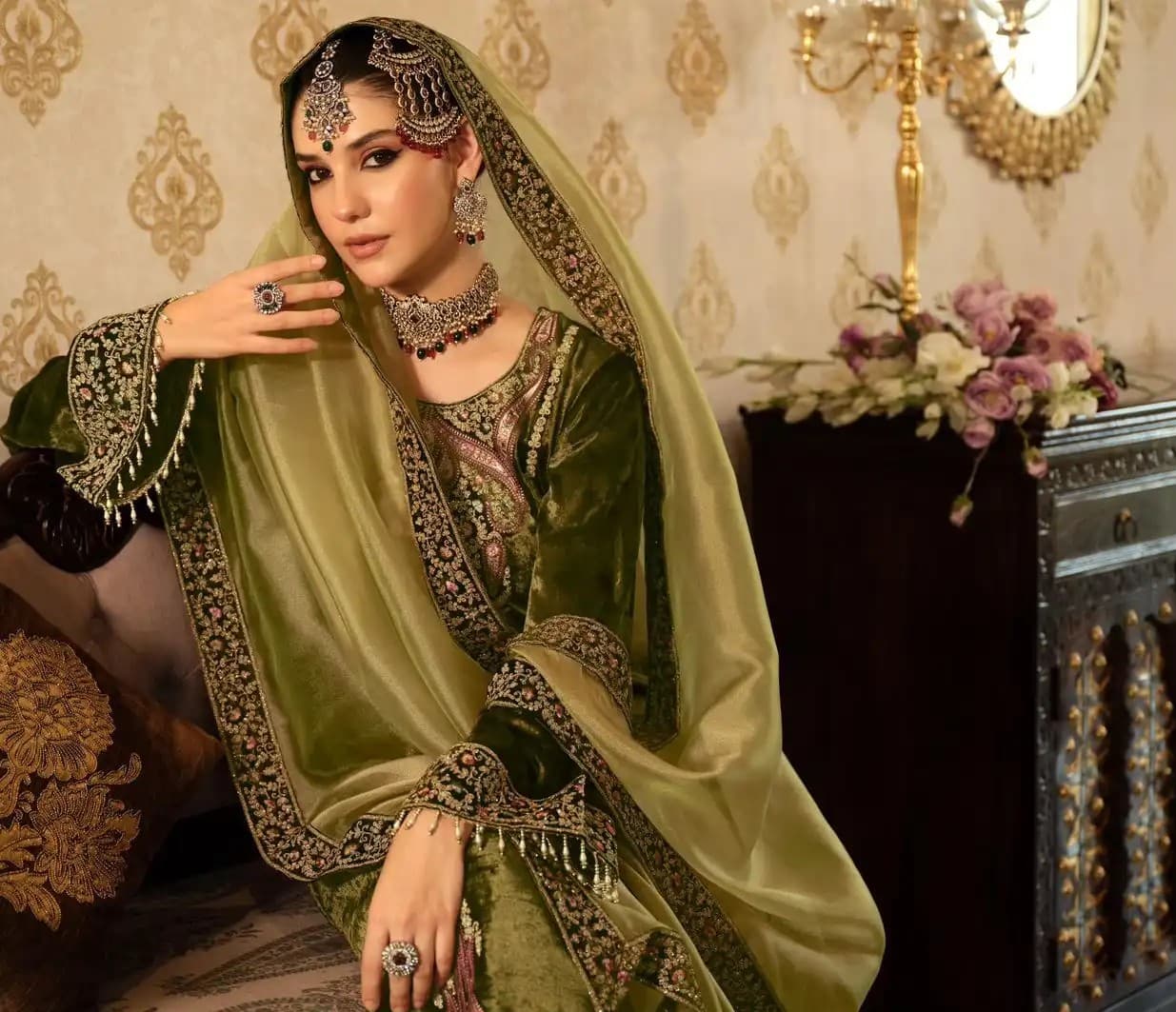 Green Royal Velvet Unstitched Three Piece