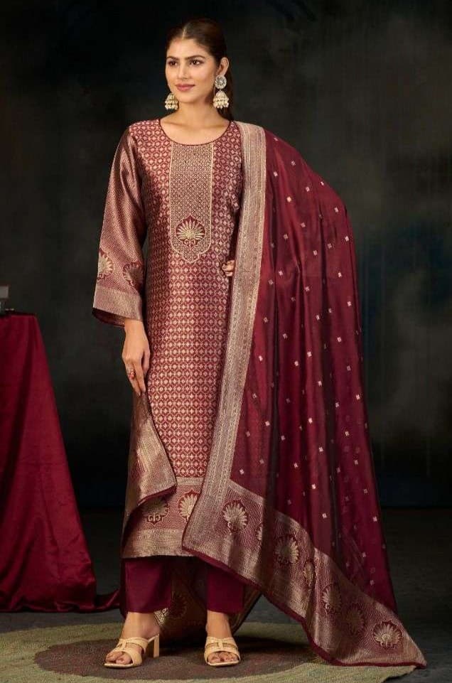 Maroon Silk Katan Unstitched Three Piece