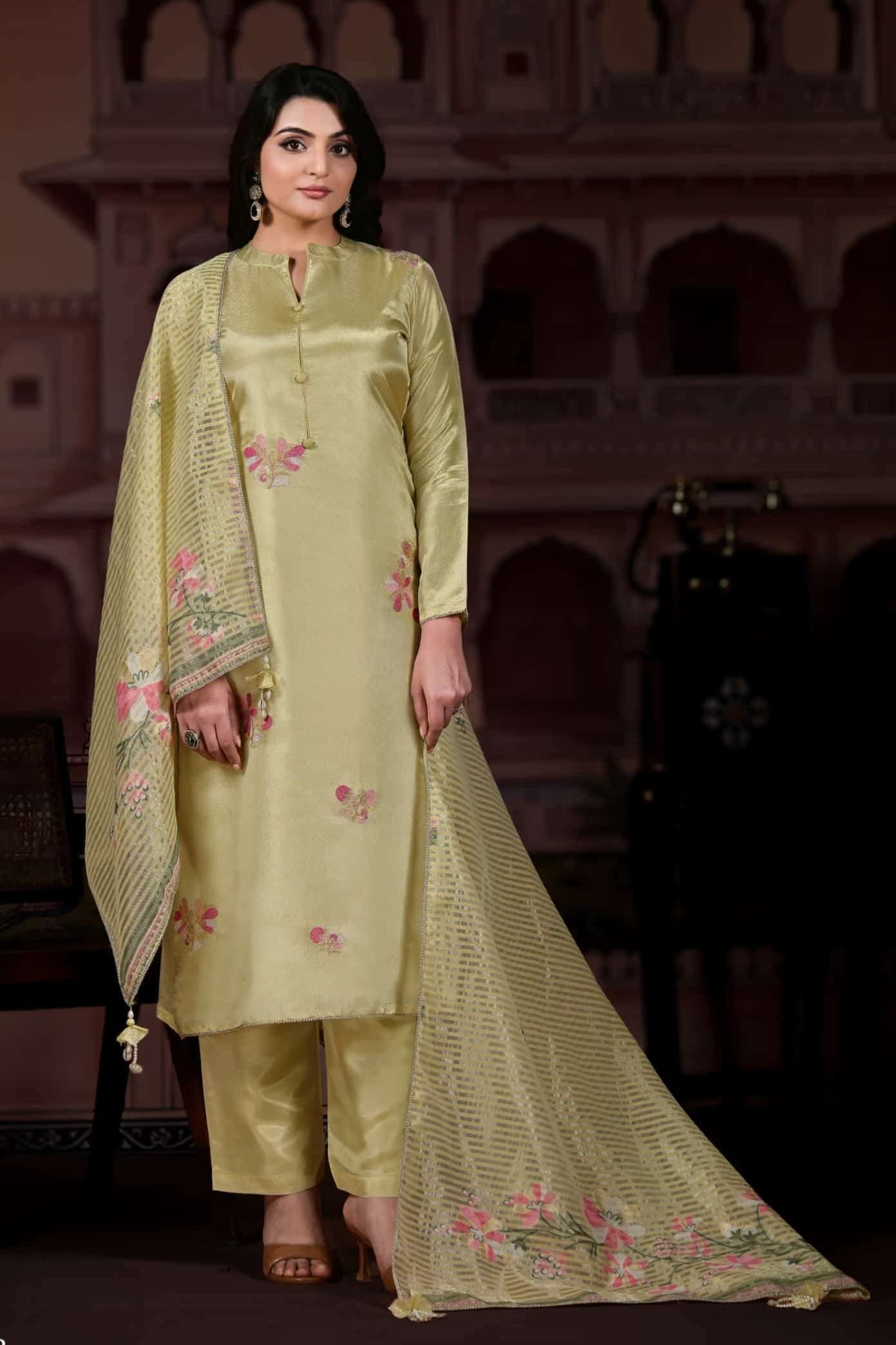 Golden Lime Luminous Shimmer Silk Unstitched Three Piece