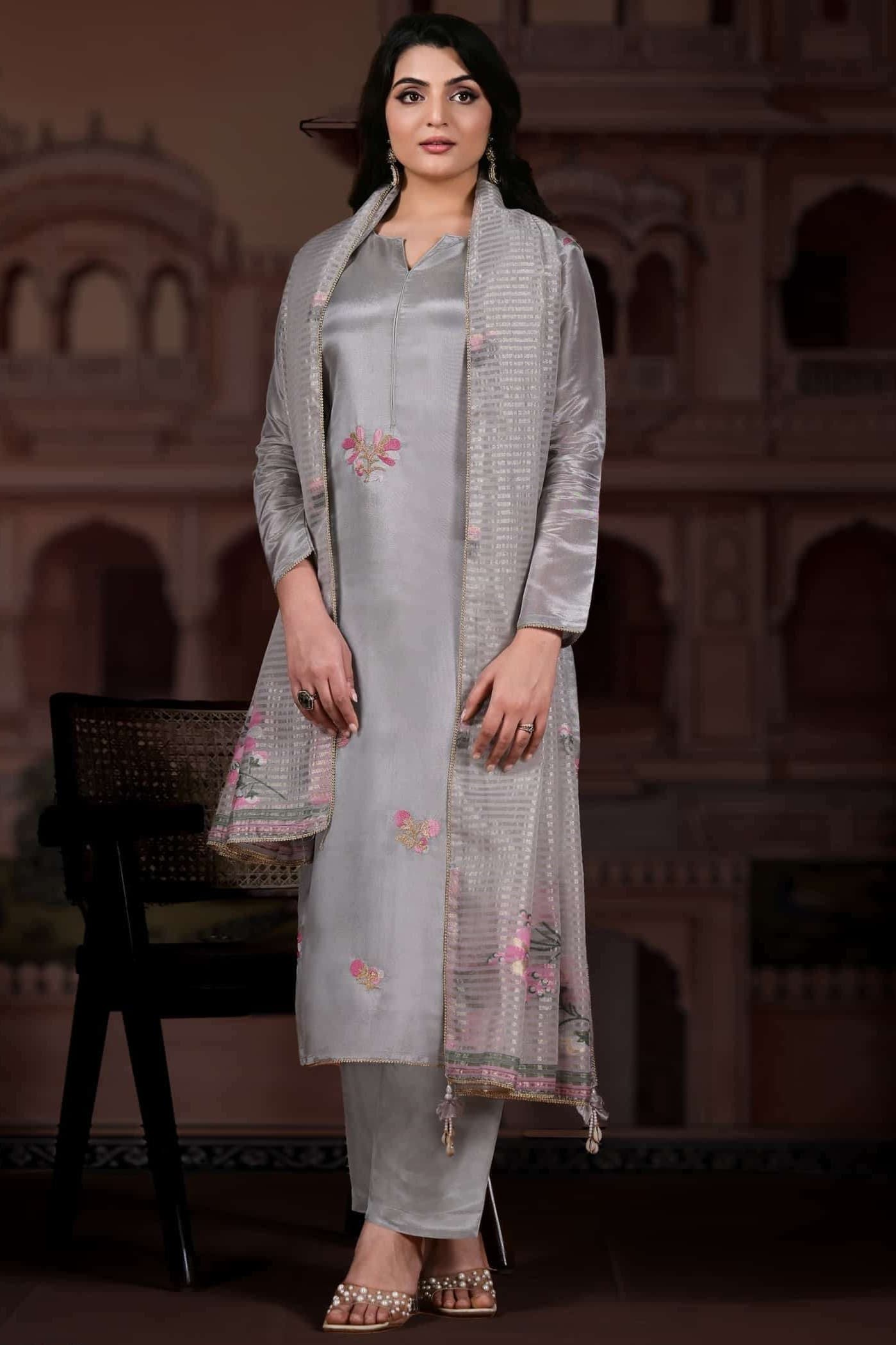 Silver Grey Luminous Shimmer Silk Unstitched Three Piece
