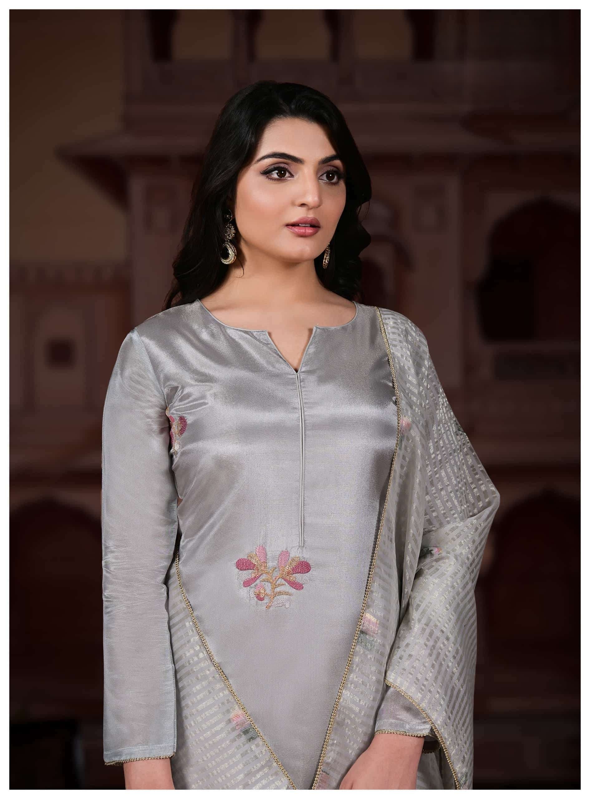 Silver Grey Luminous Shimmer Silk Unstitched Three Piece